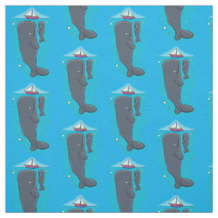 Cute whales and sailing boat cartoon illustration fabric