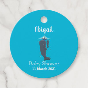 Cute whales and sailing boat cartoon illustration favour tags