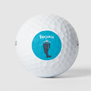 Cute whales and sailing boat cartoon illustration golf balls