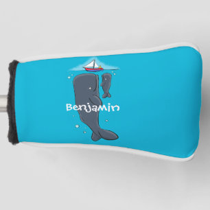 Cute whales and sailing boat cartoon illustration golf head cover