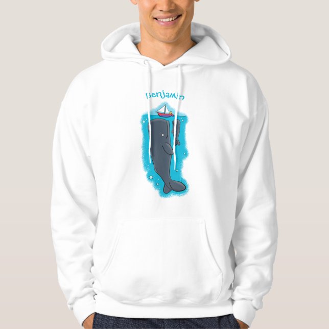 Cute whales and sailing boat cartoon illustration hoodie (Front)