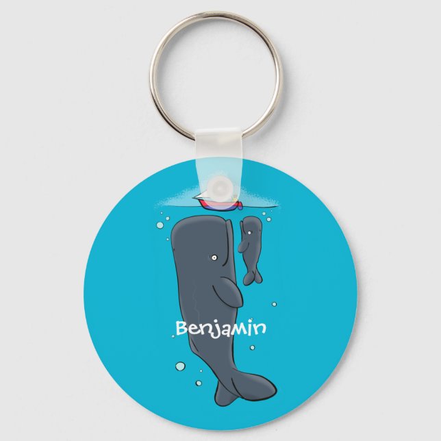 Cute whales and sailing boat cartoon illustration key ring (Front)