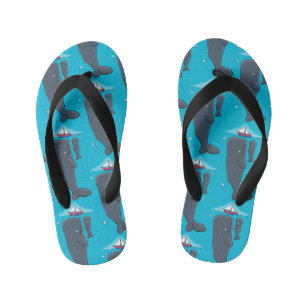 Cute whales and sailing boat cartoon illustration kid's flip flops