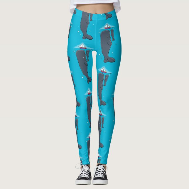 Cute whales and sailing boat cartoon illustration leggings (Front)