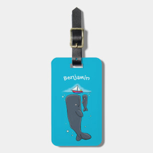 Cute whales and sailing boat cartoon illustration luggage tag