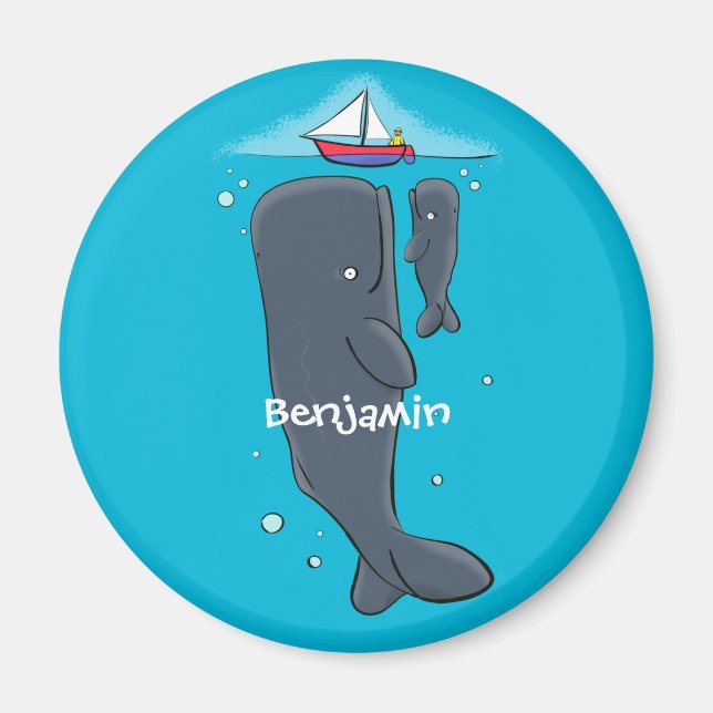 Cute whales and sailing boat cartoon illustration magnet (Front)