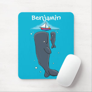 Cute whales and sailing boat cartoon illustration mouse mat