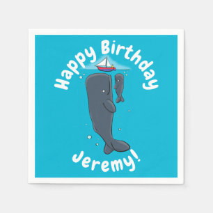 Cute whales and sailing boat cartoon illustration napkin