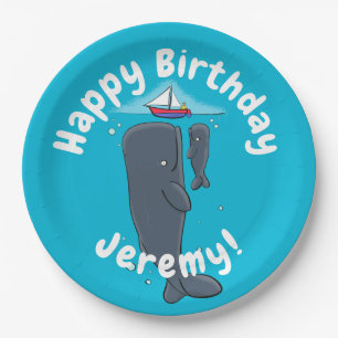 Cute whales and sailing boat cartoon illustration paper plate