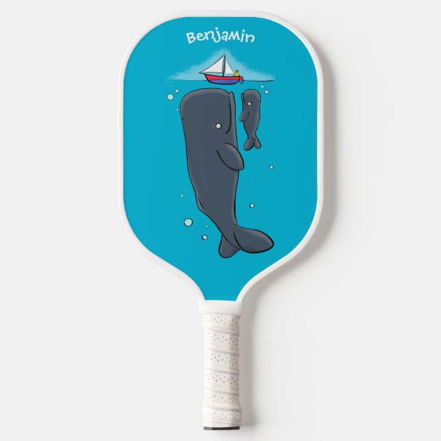 Cute whales and sailing boat cartoon illustration pickleball paddle (Front)