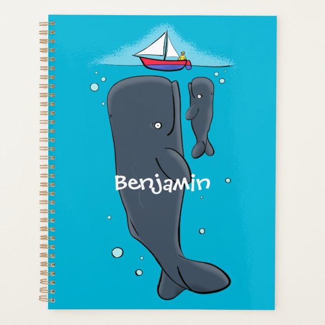 Cute whales and sailing boat cartoon illustration planner (Front)