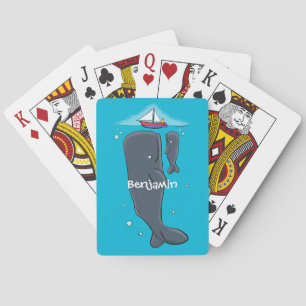 Cute whales and sailing boat cartoon illustration playing cards
