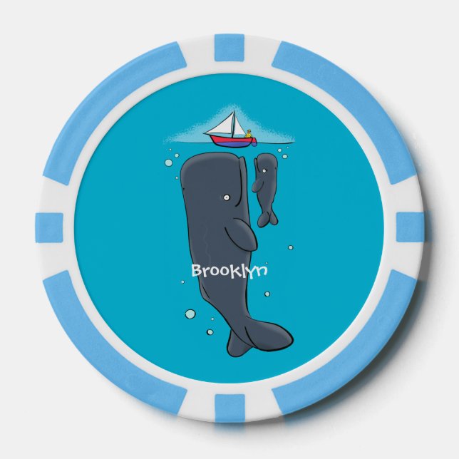 Cute whales and sailing boat cartoon illustration poker chips (Front)