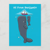 Cute whales and sailing boat cartoon illustration