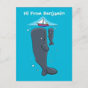 Cute whales and sailing boat cartoon illustration postcard