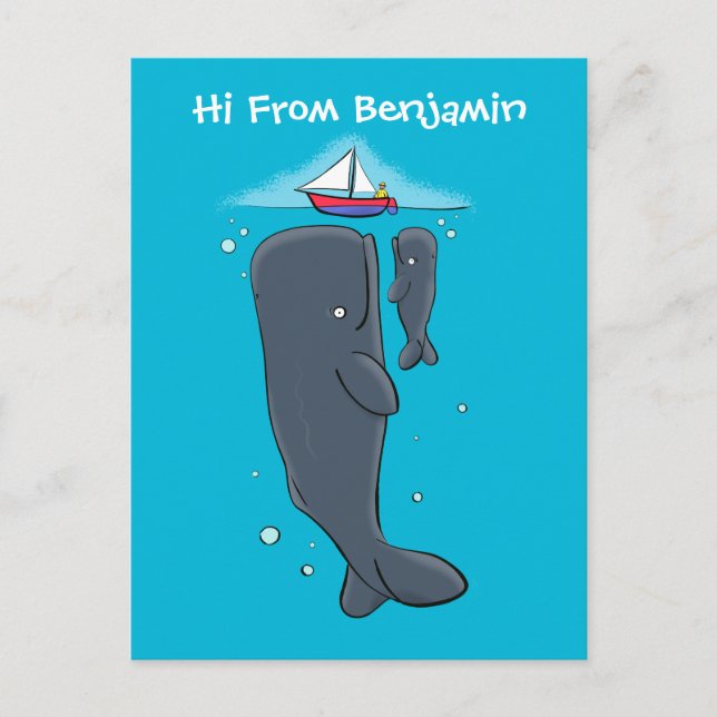 Cute whales and sailing boat cartoon illustration postcard (Front)