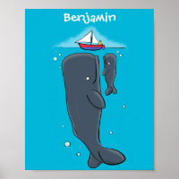Cute whales and sailing boat cartoon illustration