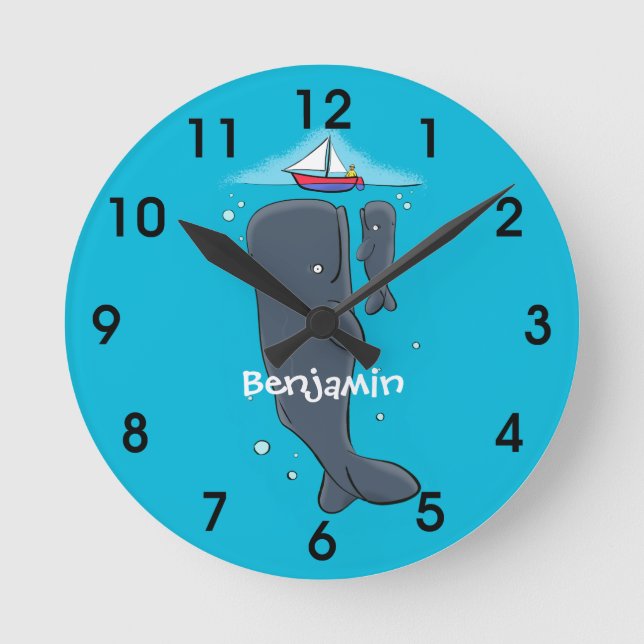 Cute whales and sailing boat cartoon illustration round clock (Front)