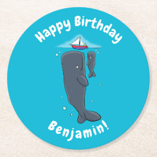 Cute whales and sailing boat cartoon illustration round paper coaster