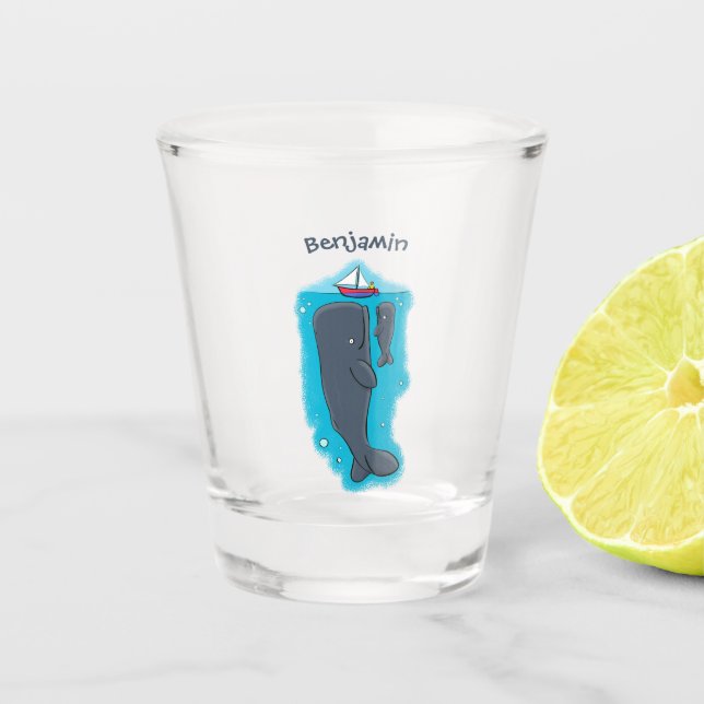 Cute whales and sailing boat cartoon illustration shot glass (Front)