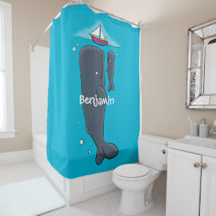 Cute whales and sailing boat cartoon illustration shower curtain