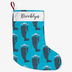 Cute whales and sailing boat cartoon illustration small christmas stocking