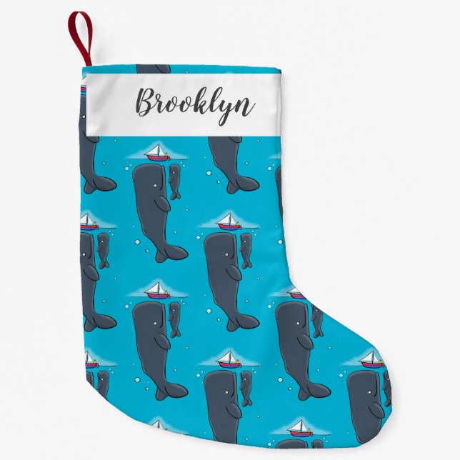 Cute whales and sailing boat cartoon illustration small christmas stocking (Front)