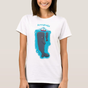 Cute whales and sailing boat cartoon illustration T-Shirt
