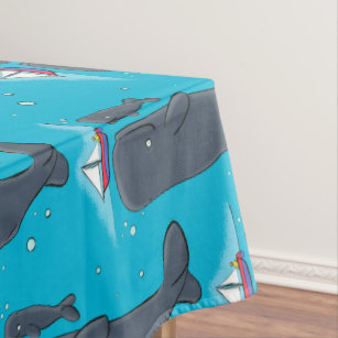 Cute whales and sailing boat cartoon illustration tablecloth