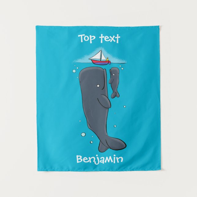 Cute whales and sailing boat cartoon illustration  tapestry (Front)