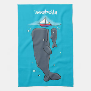 Cute whales and sailing boat cartoon illustration tea towel