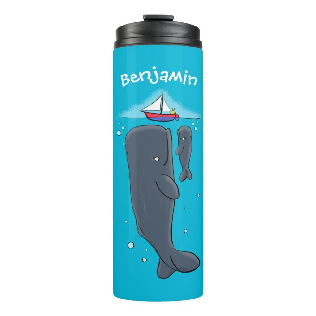 Cute whales and sailing boat cartoon illustration thermal tumbler (Front)