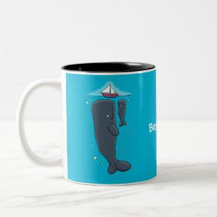 Cute whales and sailing boat cartoon illustration Two-Tone coffee mug