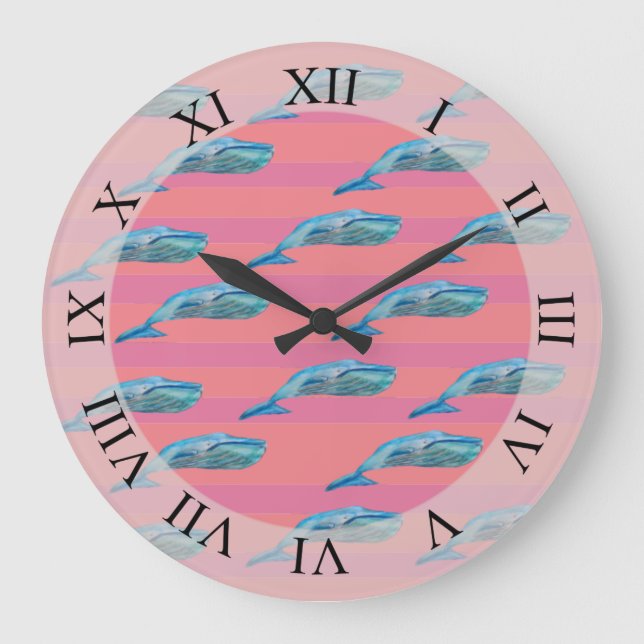 Cute Whales Fish Art Pink Stripes Pattern  Custom  Large Clock (Front)