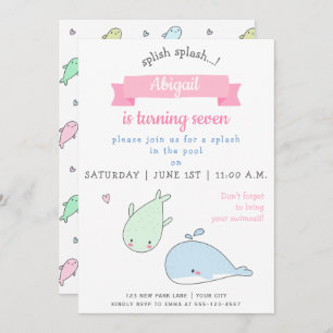 Cute Whales - Kids Birthday Pool Party Invitation