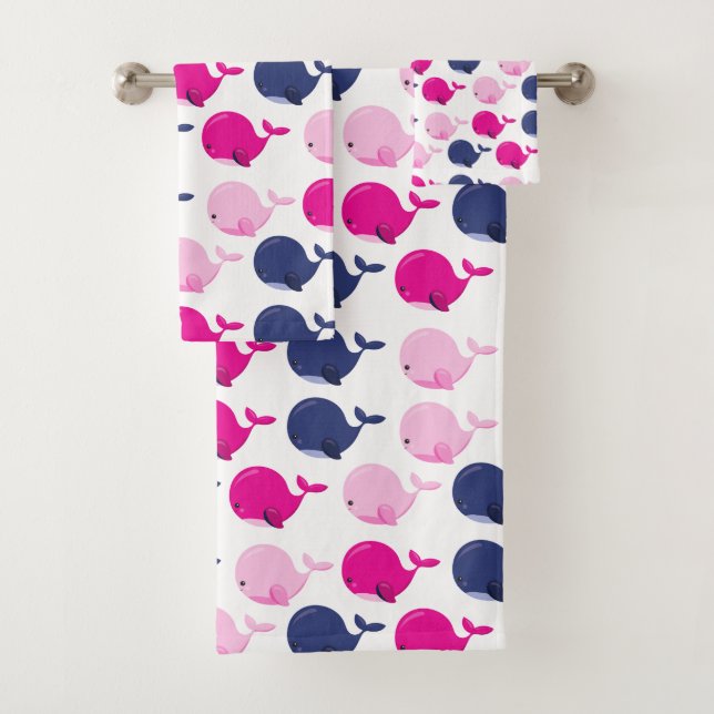 Cute Whales, Pattern Of Whales, Sea Animals Bath Towel Set (Insitu)