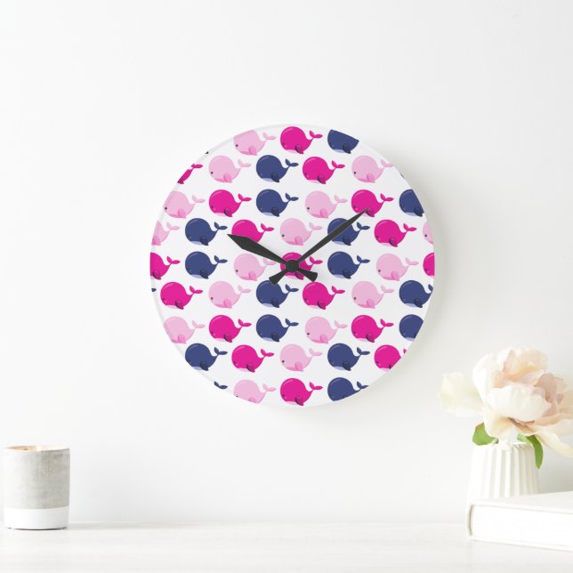 Cute Whales, Pattern Of Whales, Sea Animals Large Clock (Home)