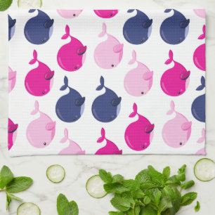Cute Whales, Pattern Of Whales, Sea Animals Tea Towel