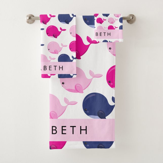 Cute Whales, Pattern Of Whales, Your Name Bath Towel Set (Insitu)