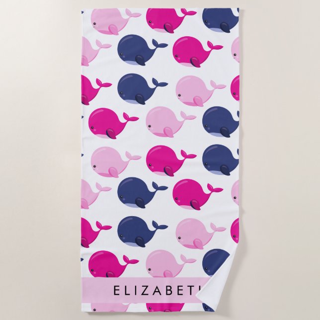 Cute Whales, Pattern Of Whales, Your Name Beach Towel (Front)