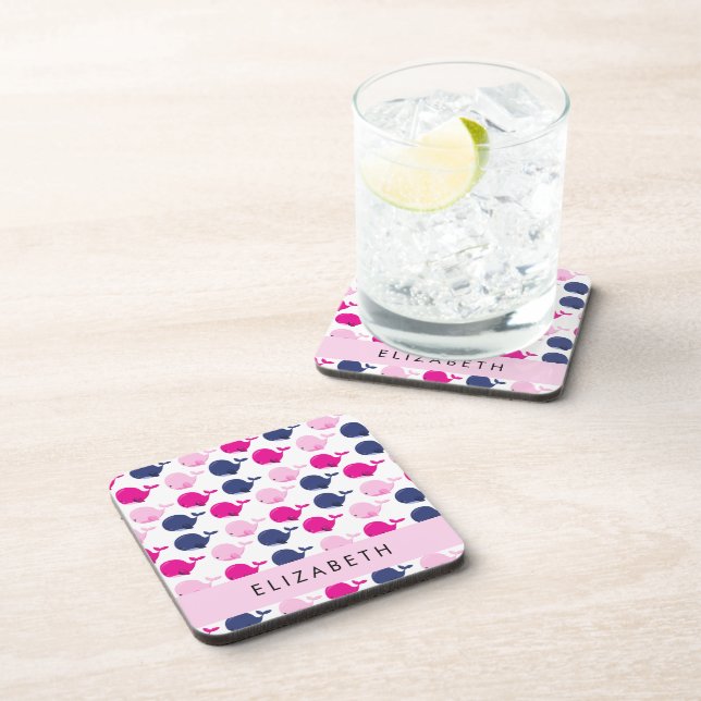Cute Whales, Pattern Of Whales, Your Name Coaster (Right Side)
