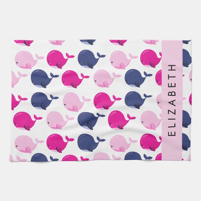 Cute Whales, Pattern Of Whales, Your Name Tea Towel (Horizontal)