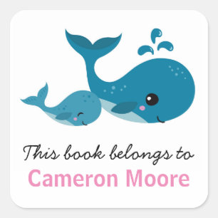 Cute whales personalised bookplate book square sticker
