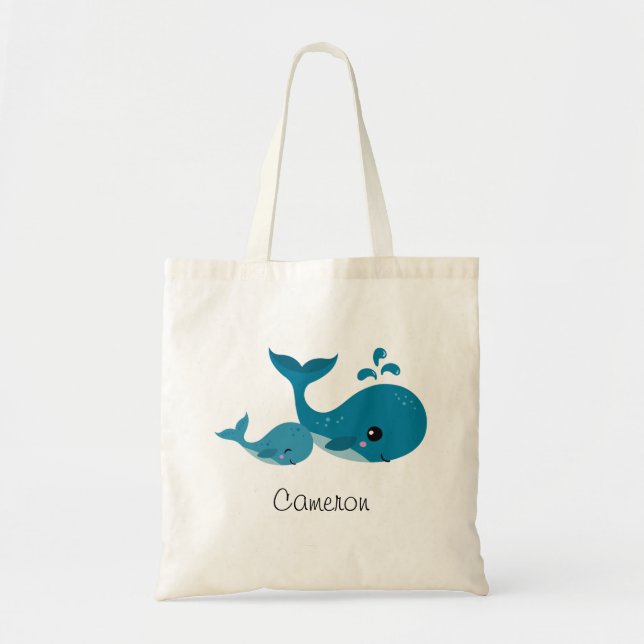 Cute whales personalised name tote bag for kids (Front)