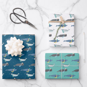 Cute Whales Scarves Winter Birthday Kids Wrapping Paper Sheet