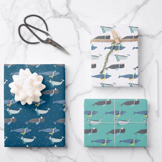 Cute Whales Scarves Winter Birthday Kids Wrapping Paper Sheet (Front)
