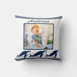 Cute Whales waves Blue Nautical Photo Frame Cushion
