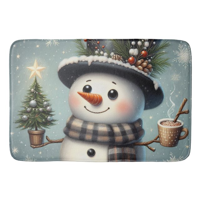 Cute whimiscal Christmas/winter snowman Bath Mat (Front)