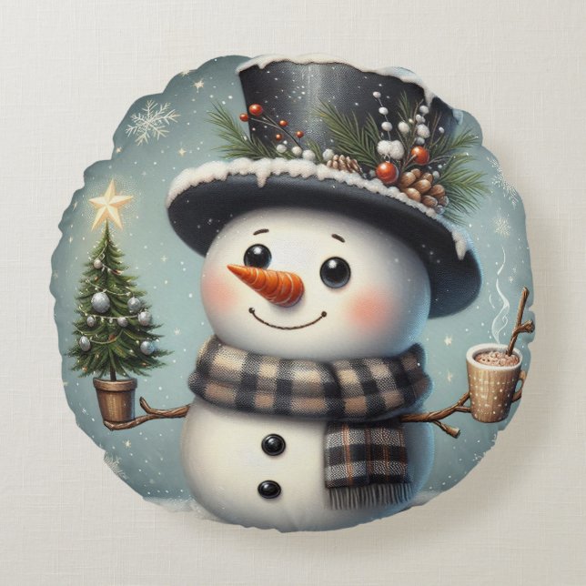 Cute whimiscal Christmas/winter snowman Round Cushion (Front)