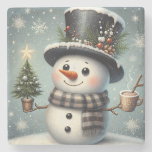 Cute whimiscal Christmas/winter snowman Stone Coaster